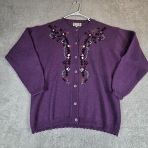 In Town Purple 100% Shetland Wool‎ Floral Embroidered Button Cardigan Sweater L